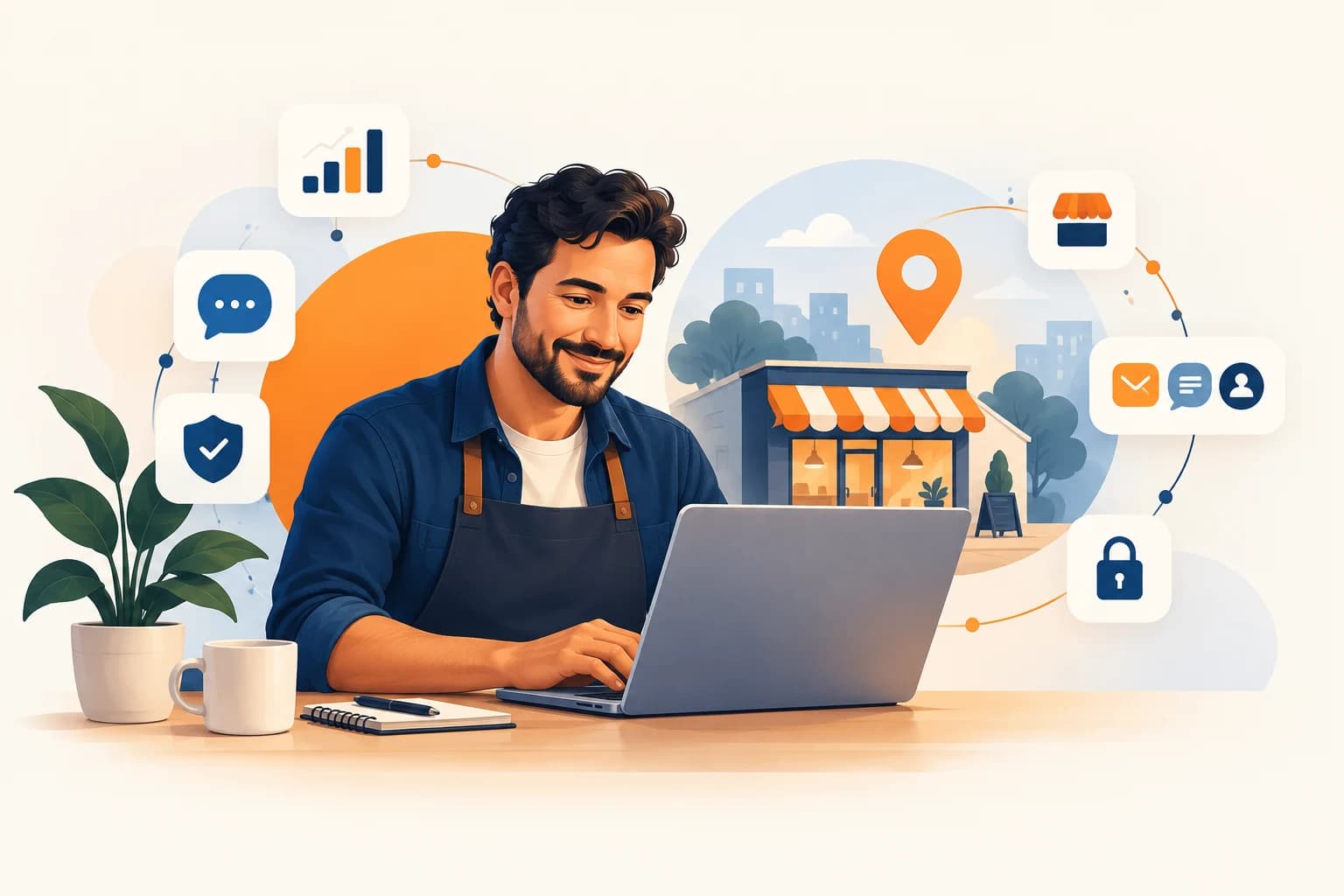 Comerciante usando um painel digital para atualizar os dados do seu negócio local